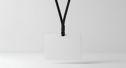 Blank white ID badge mockup hanging on black lanyard holder 3D render