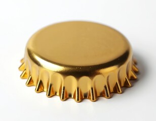 Golden beer cap isolated on clean white background. Metallic bottle closure features shiny, reflective surface, ideal for beverage branding, advertising. Circular design shows ridges along skirt.