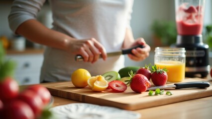 A person preparing a smoothie by cutting fresh fruits and vegetables on a wooden cutting board with a blender and glass jars, healthy nutrition wellness and mindful meal preparation