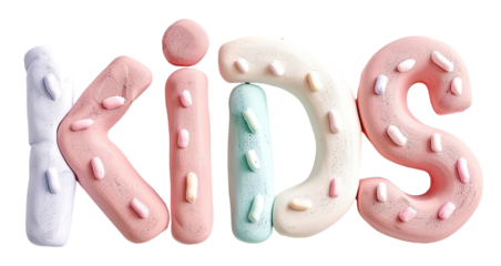 Letters that spell kids are created from soft material and shaped in a playful way. Each letter has a different color and texture with a transparent background