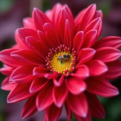 Obraz premium Close up of a vibrant red dahlia flower with a bee collecting pollen