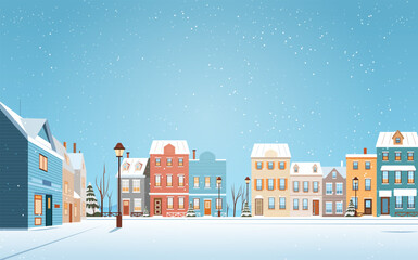 Christmas town winter snow street festive houses snowfall blue sky cozy holiday neighborhood scene with colorful buildings lamp posts trees