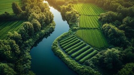 Aerial view of a sustainable farm producing algaebased biofuels alongside a river. The lush greenery of the algae farm creates a peaceful and environmentally conscious scene. Represents innovation.