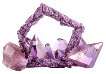 Geometric frame in glitter sits in the center. Sharp angles and a clean design surround amethyst crystals. This cut-out element highlights a unique shape