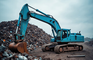 Blue excavator with claw arm operates at scrap metal yard. Heavy machinery sorts refuse for recycling and reuse. Industrial site prepares junk for export and ecology.