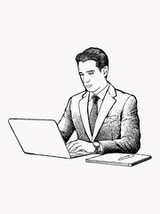 Sketch drawing, black and white, male office worker, typing on computer, laptop, vector illustration
