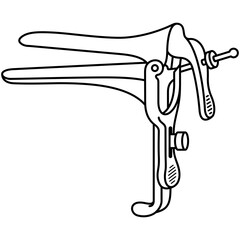 Surgical vaginal speculum. Narrow bivalve instrument for sensitive examination. Sterile medical tool. Vector outline icon.