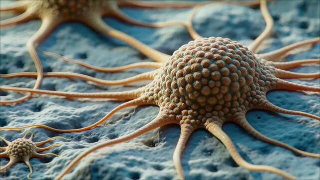 Microscopic view of a textured orange multi tentacled cell structure on a light gray surface