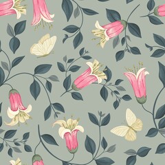 Seamless pattern with Canberra bells flowers on olive background. Pink spring flower with butterfly. Floral background for wedding card, invitation, bed linen, ornament, women's Day