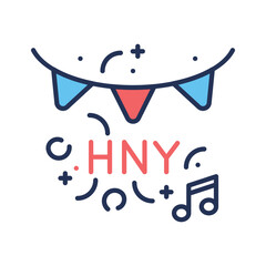 A bright starburst label with �Happy New Year� surrounded by colorful confetti