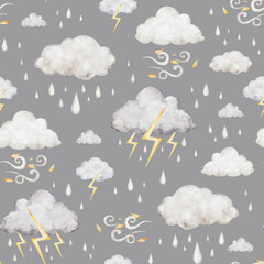 Children seamless pattern on grey background with fluffy rain clouds, lightning and thunderstorm for fabrics, for kids goods,linen, pajamas. Watercolor hand drawn illustration.