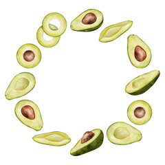 Circle half avocado wreath. Watercolor fruit leaves and flowers illustration. Hand drawn botanical drawing. Green plant on isolated background for food, cosmetic packaging design, card