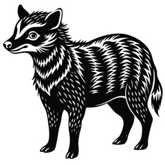 Stylized black and white woodcut illustration of a small furry animal standing in profile view