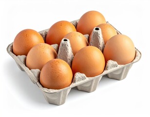 Nine brown eggs in a recycled cardboard carton