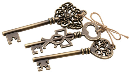 Isolated Antique Keys Collection Decorative Ornate Old Metal Vintage Romantic Rustic Design