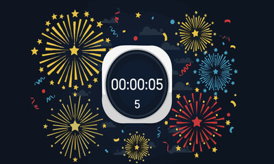 Exciting Event Countdown Timer Amidst Festive Fireworks and Scattered Party Confetti