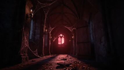 Spooky gothic hallway with red stained glass window, cobwebs, candles, and a foreboding atmosphere in a dark castle.