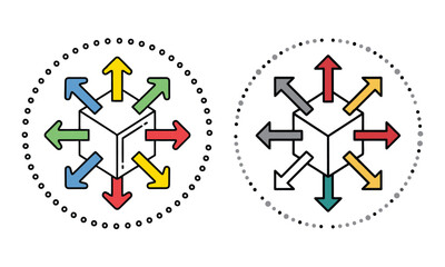 Colorful and monochromatic multi-directional arrows on cubes within circles