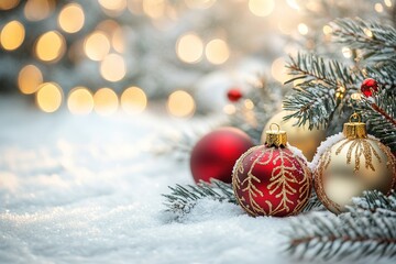 christmas background with red and gold ornaments on snow, blurred lights, and pine branches in the foreground, winter holiday concept