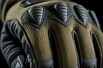 Close up view of a tactical glove featuring durable fabric and reinforced knuckle protection for outdoor activities and protection