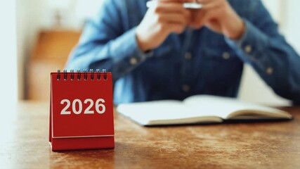 Red desk calendar showing year 2026 with man writing in background. Business planning and future strategy concept
