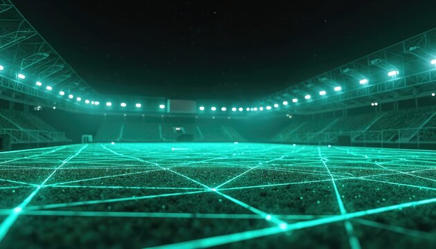Soccer field with glowing geometric net grid. Stadium lights shine on grass, dark night sky. Futuristic sports strategy concept. Virtual play design.