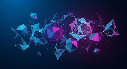 Stunning abstract network of glowing geometric shapes floating in a dark digital space creating a futuristic technology background