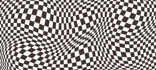 Naklejka na ściany i meble Distorted checkerboard background, wavy psychedelic chessboard pattern, checkered deformed race flag bg, distorted geometric grid pattern