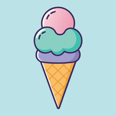 Adorable three scoop ice cream cone illustration with pastel colors on a light blue background