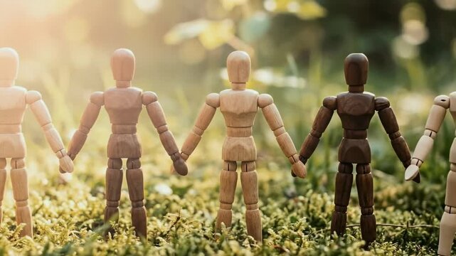 Row of wooden mannequins with different shades holding hands on green moss. Diverse figures representing unity and inclusion in a natural setting. Teamwork and community concept