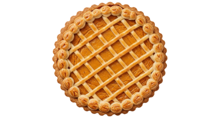 Delicious homemade pumpkin pie with a decorative lattice crust and crimped edge on black