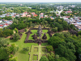 Drone shot the aerial view of Phimai Historical Park. the ancient stone temple Nakhon Ratchasima, Thailand