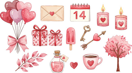 Vector set of pink wedding icons, love hearts, flowers, and cake illustration for Valentine's card design