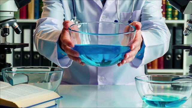 Scientist in lab coat holds glass bowl with bright blue liquid near microscopes and open textbook