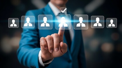 Man in blue suit selects profile icon with glowing light and checkmark hand finger