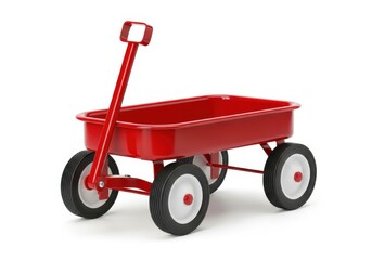 Bright red metal utility wagon stands isolated on a clean white background