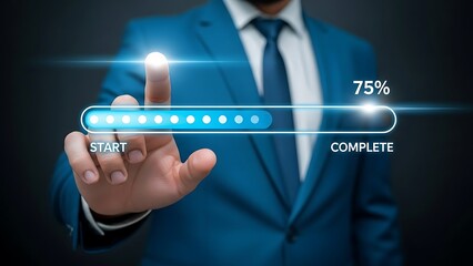 Man in blue suit touching glowing progress bar showing 75 percent complete loading bar completion