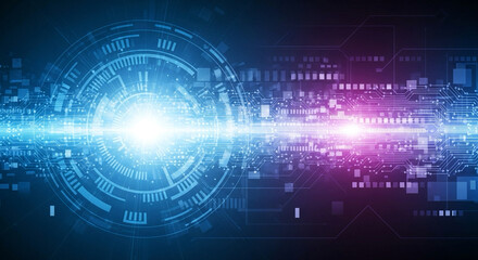 Dynamic digital circuit board glows with vibrant blue and magenta light representing futuristic data processing and global network connectivity