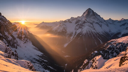 Spectacular Golden Sunrise Over Snow-Capped Alpine Mountains and Valley Mist