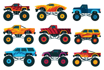 Monster trucks set. Bright colorful cartoon auto with big wheels. Heavy cars with large tires and black tinted windows. Isolated rally 4x4 computer or mobile game © designer_things