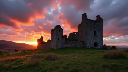 Ancient castle ruins bathed in the fiery glow of a spectacular sunset across the Irish landscape