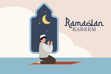 Prayer Muslim Man Illustration Kneeling on Mat with Ramadan Kareem Typography, Set Against a Window Showing Crescent Moon and Night Sky