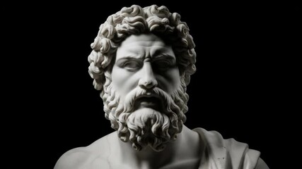 White marble statue bust of a bearded man with curly hair and drapery showing different lighting conditions. Classical art sculpture with dark background.