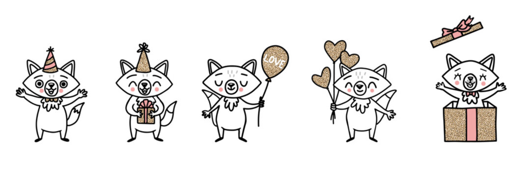 Cute fox character set with party hats, balloons, and a gift box. Holiday doodle animal mascot with gold glitter style for birthday celebration, Christmas decoration, and kids' festive designs.