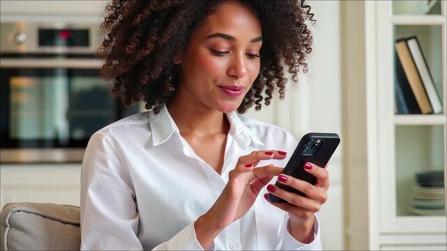 Young African American woman with curly hair uses smartphone while sitting indoors near white cabinetry