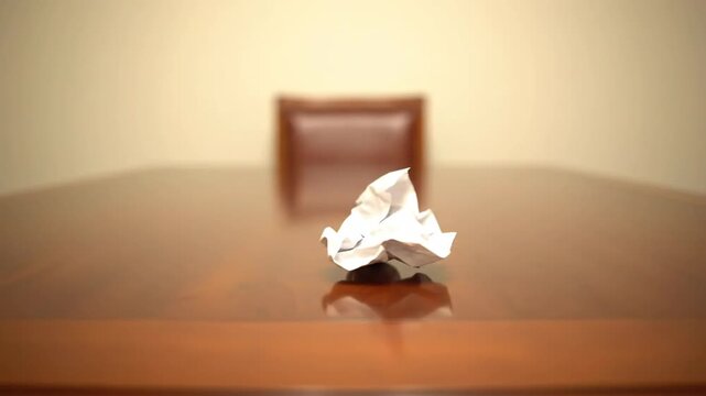 Crumpled paper ball on a wooden table representing frustration and failure, concept of writer's block and mistake, in warm indoor light.