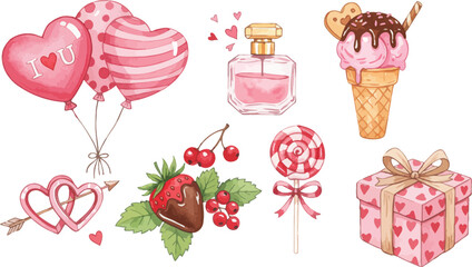 A vector illustration set of pink heart icons, cupcakes, and chocolate candy for a sweet Valentine's Day celebration