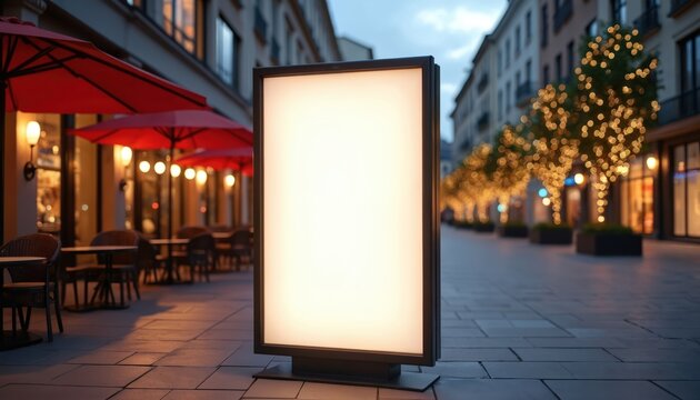 Blank digital billboard sits on city street sidewalk beside outdoor cafe. Illuminated advertising panel faces passerby on pavement lined with shops and trees decorated with lights.