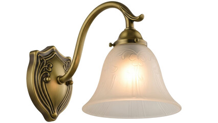 Isolated decorative wall lamp with glass lampshade in brass finish, electrical fixture