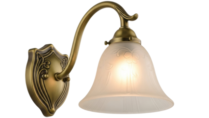 Isolated decorative wall lamp with glass lampshade in brass finish, electrical fixture